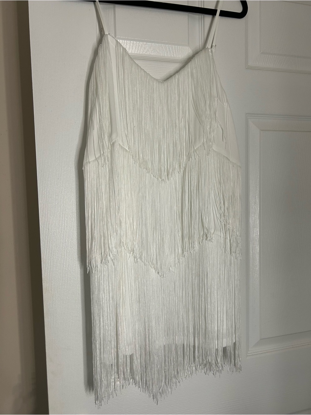 TCEC White Fringe Spaghetti-Strap Mini Dress